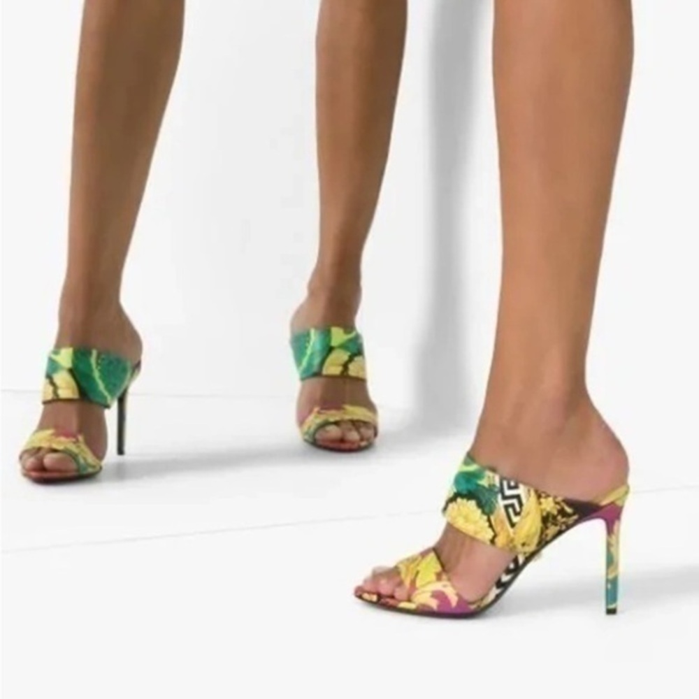 Versace Voyage Barocco Print Silk Stiletto Heeled Mules Yellow IT 40 US 10